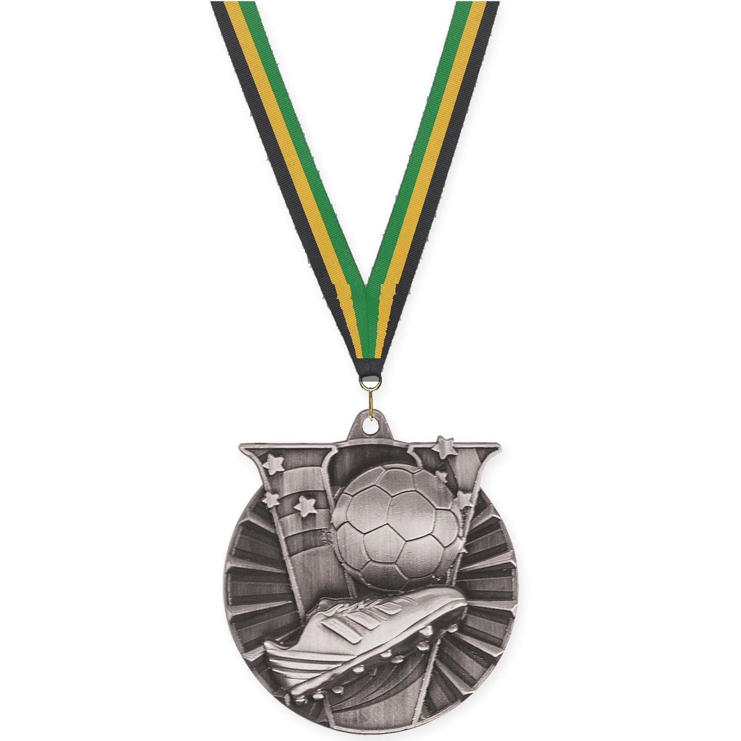 2 inch soccer Victory medal in antique silver with Black Gold Green neck ribbon