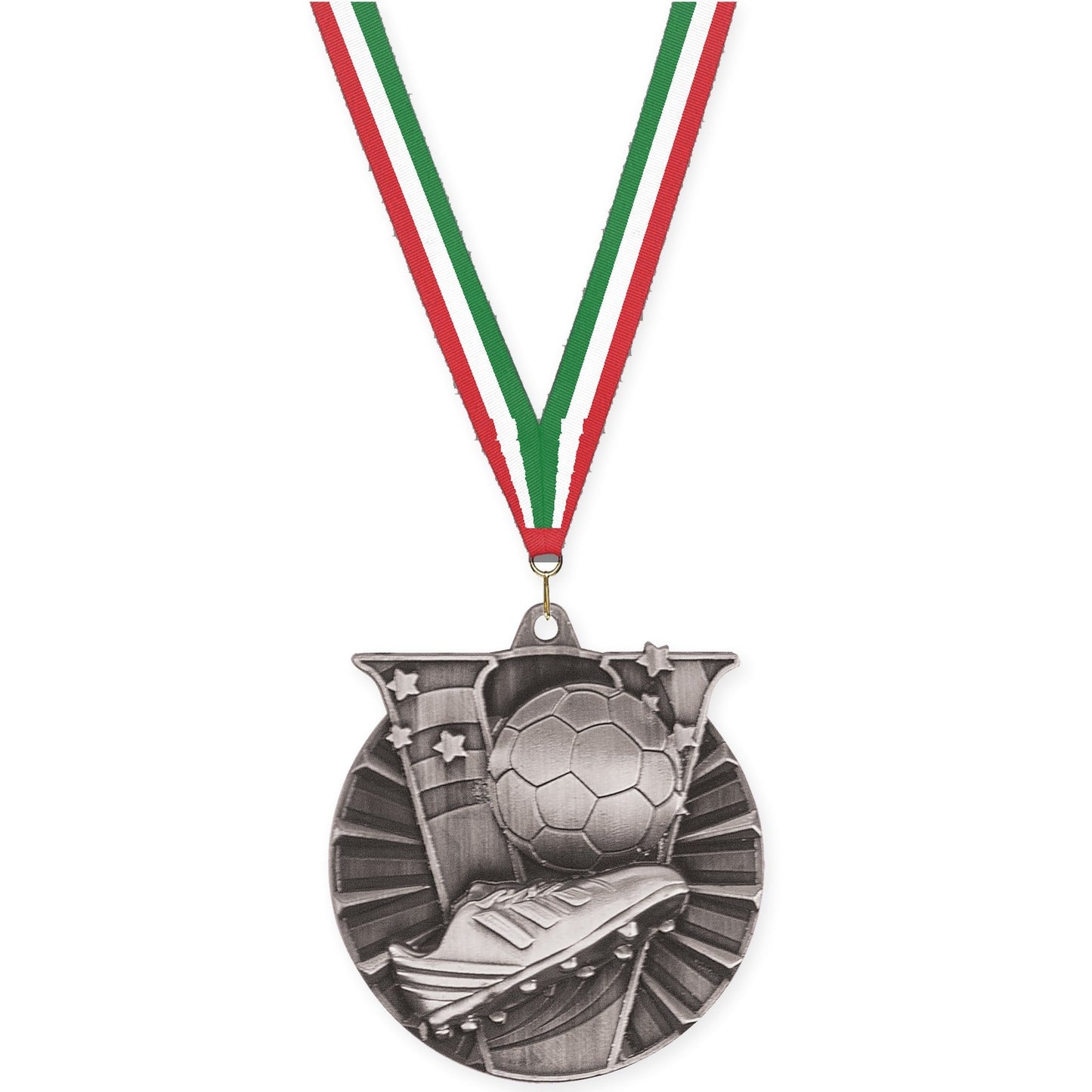 2 inch soccer Victory medal in antique silver with Red White Green neck ribbon