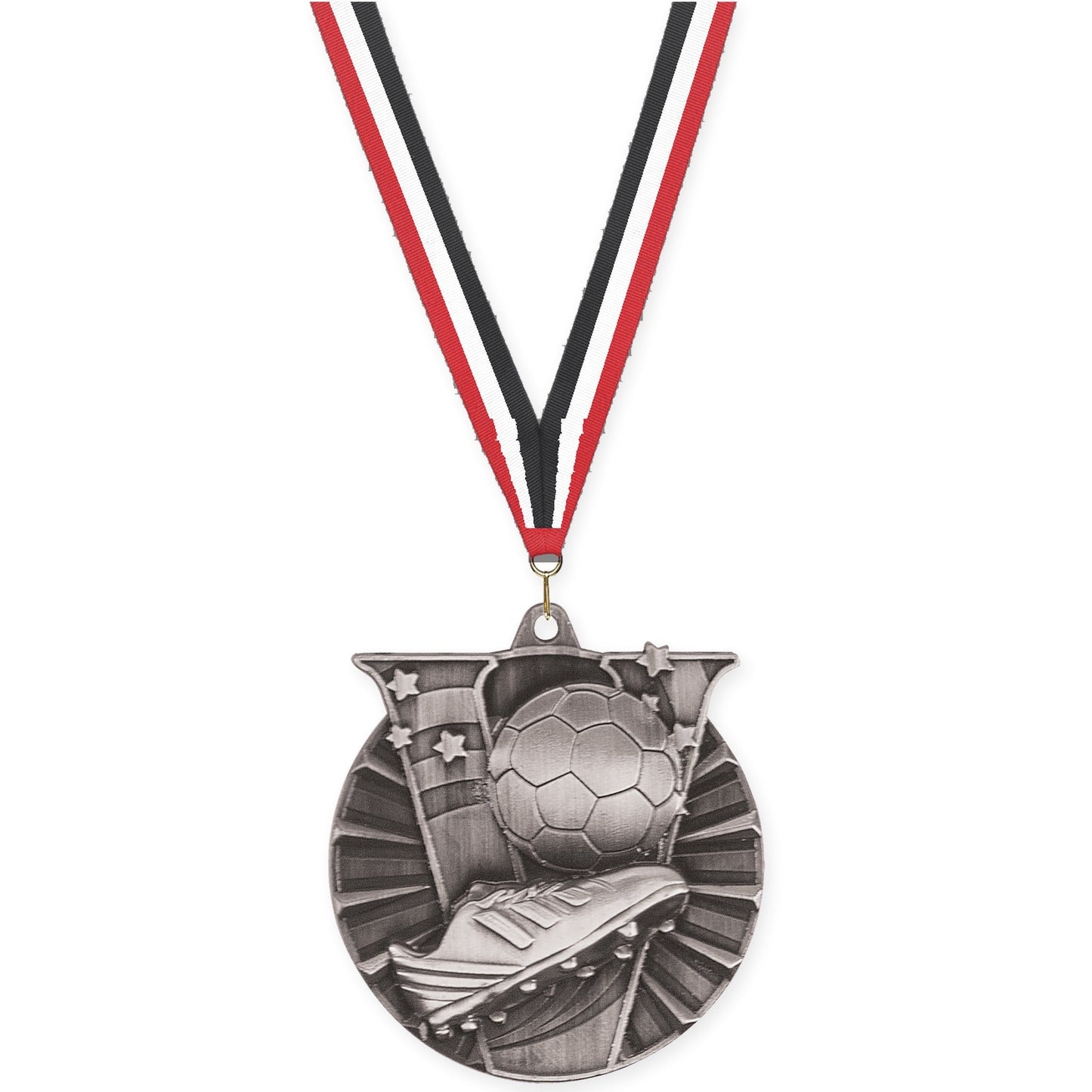 2 inch soccer Victory medal in antique silver with Red White Black neck ribbon