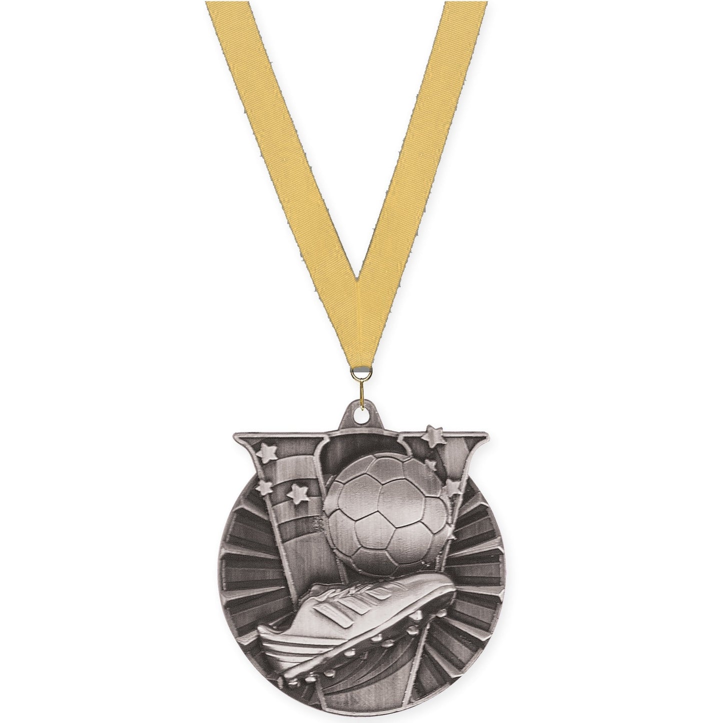 2 inch soccer Victory medal in antique silver with Gold Metallic neck ribbon