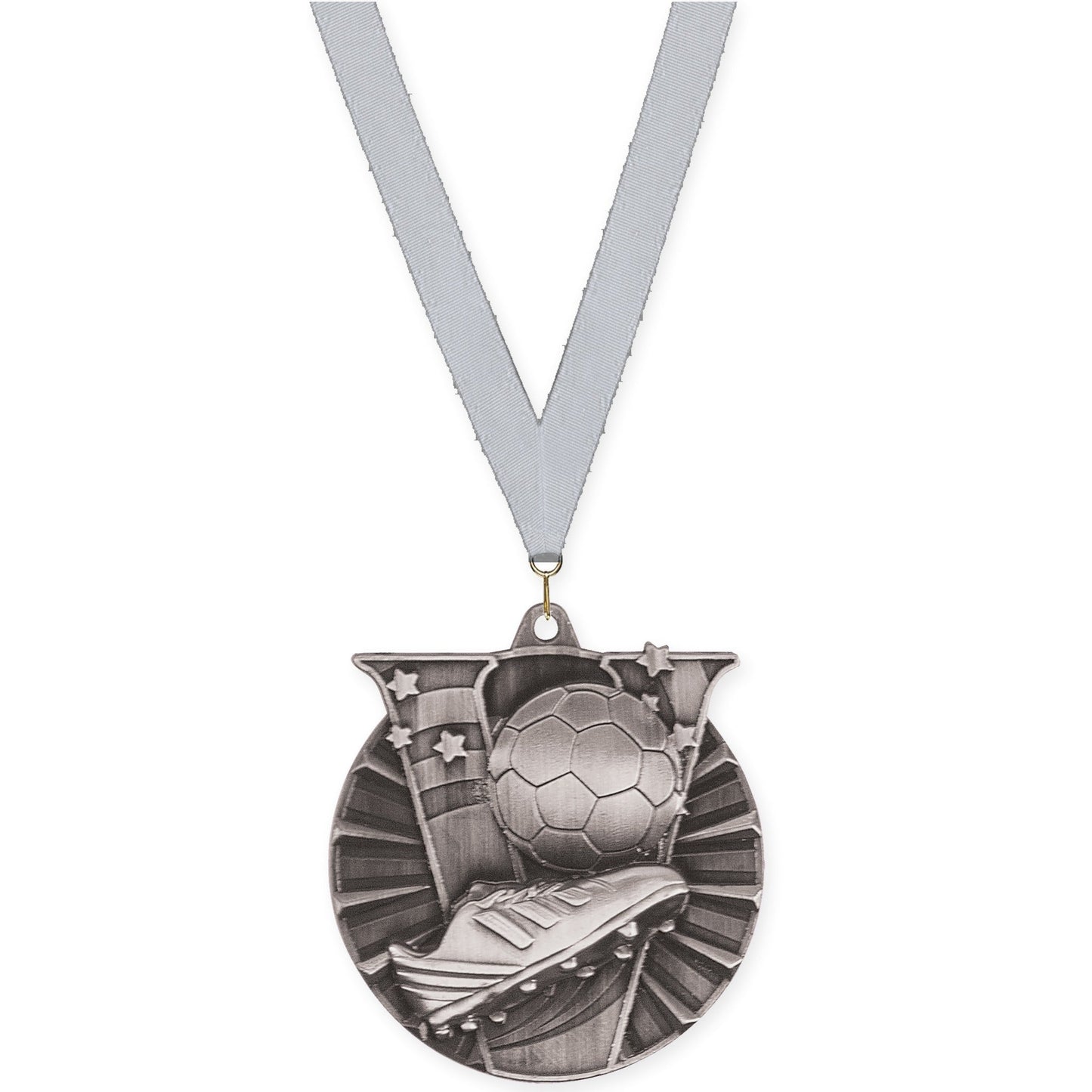 2 inch soccer Victory medal in antique silver with Silver Metallic neck ribbon