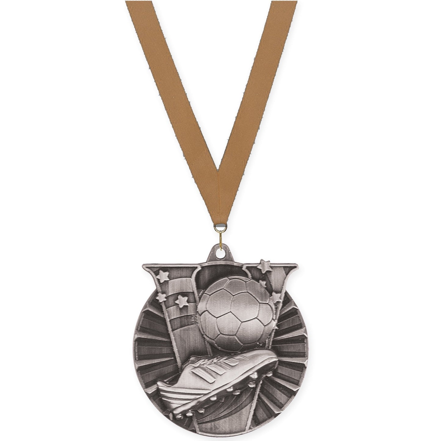 2 inch soccer Victory medal in antique silver with Bronze Metallic neck ribbon