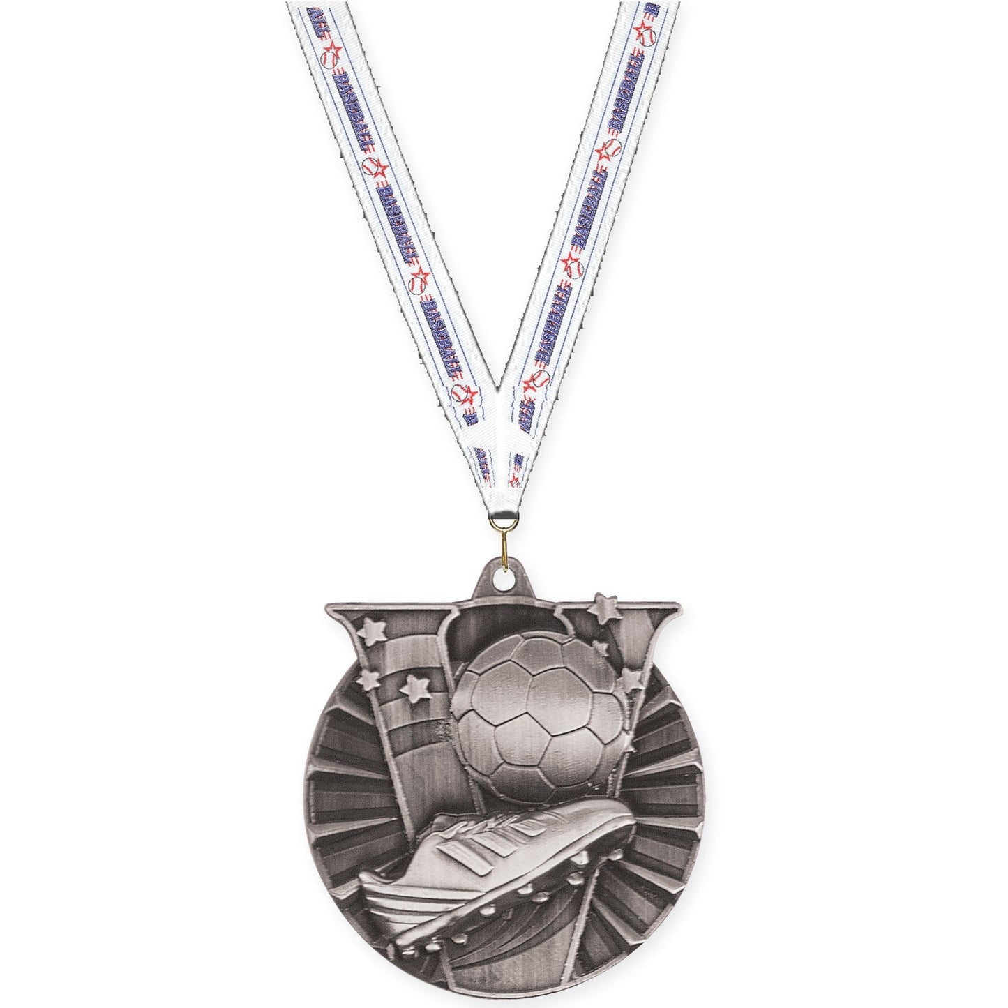 2 inch soccer Victory medal in antique silver with Baseball neck ribbon
