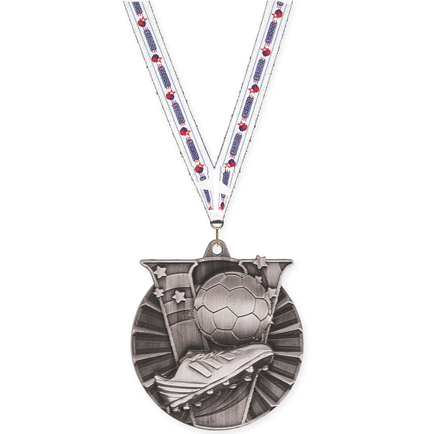 2 inch soccer Victory medal in antique silver with Cheerleading neck ribbon
