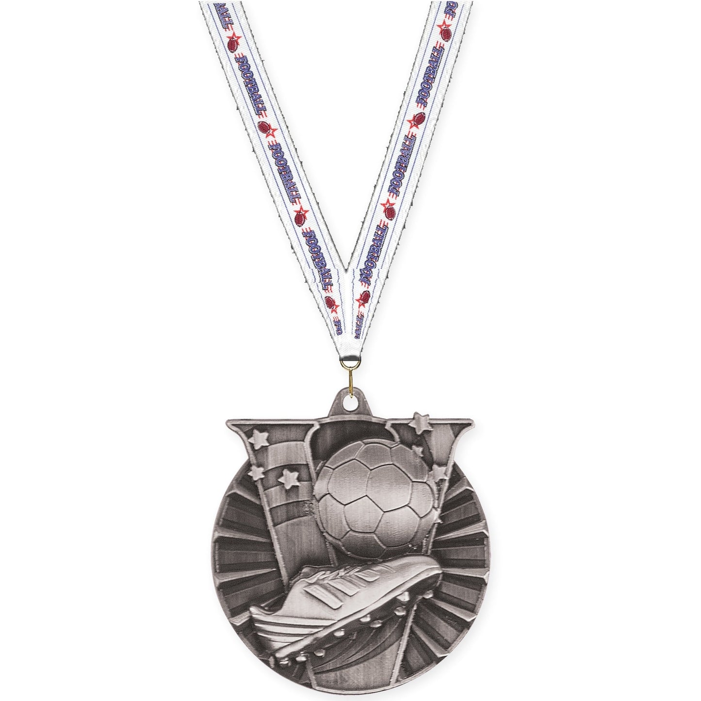 2 inch soccer Victory medal in antique silver with Football neck ribbon