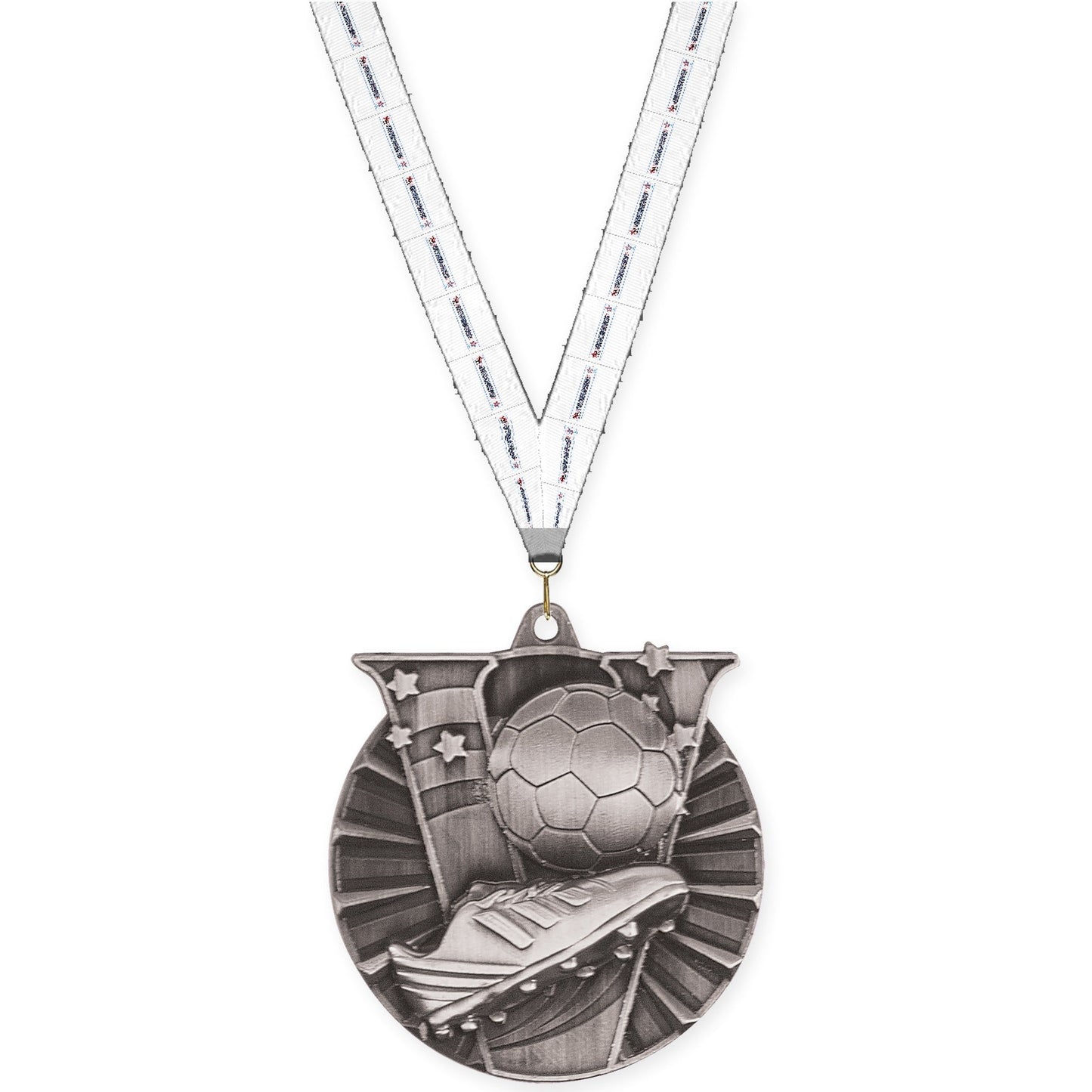 2 inch soccer Victory medal in antique silver with Gymnastics neck ribbon