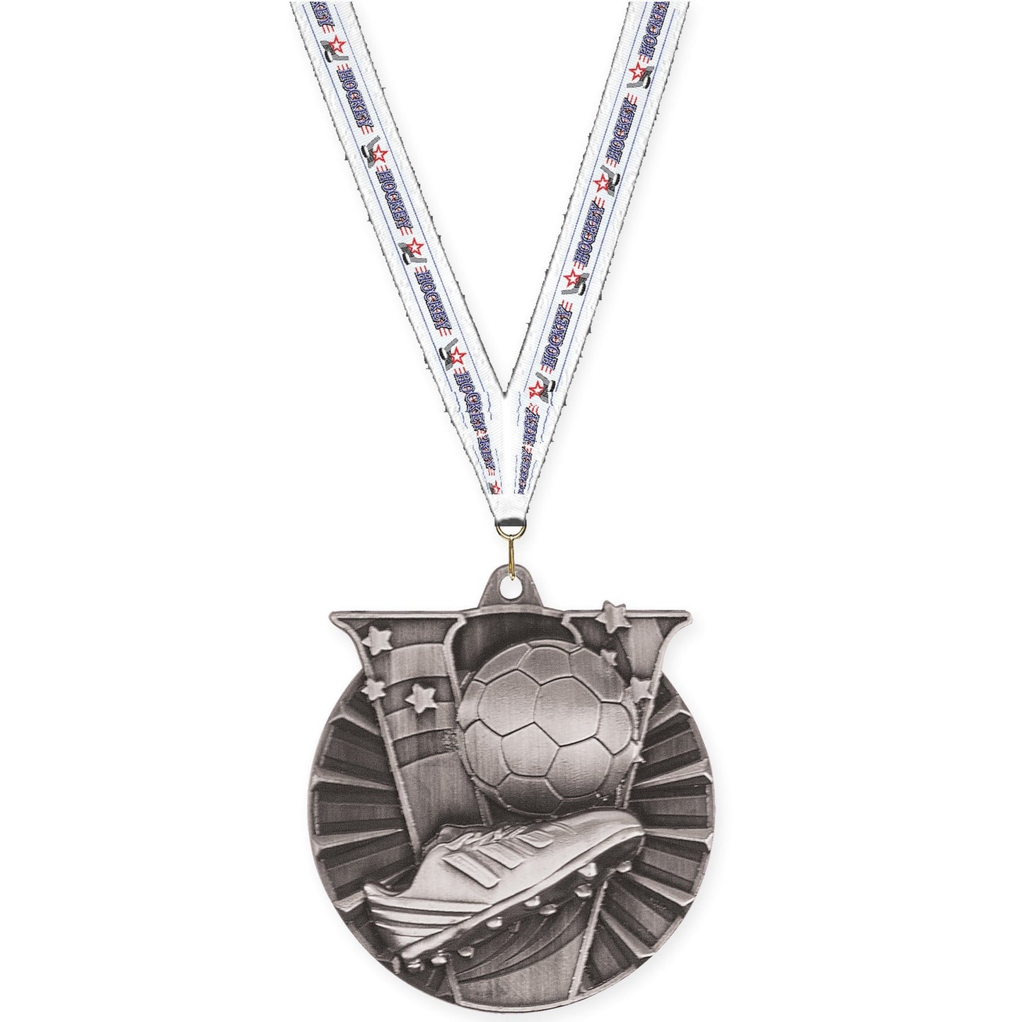 2 inch soccer Victory medal in antique silver with Hockey neck ribbon