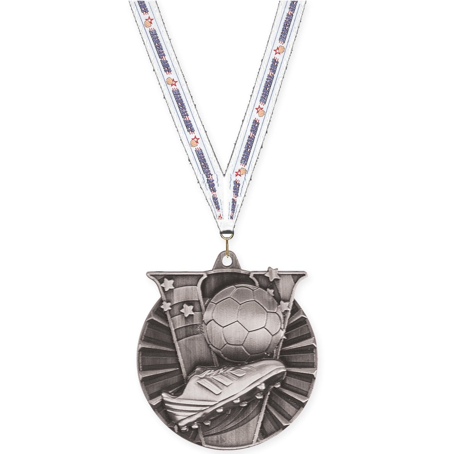 2 inch soccer Victory medal in antique silver with Martial Arts neck ribbon