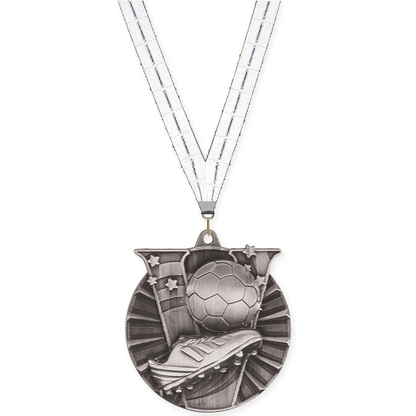 2 inch soccer Victory medal in antique silver with Lamp Of Knowledge neck ribbon