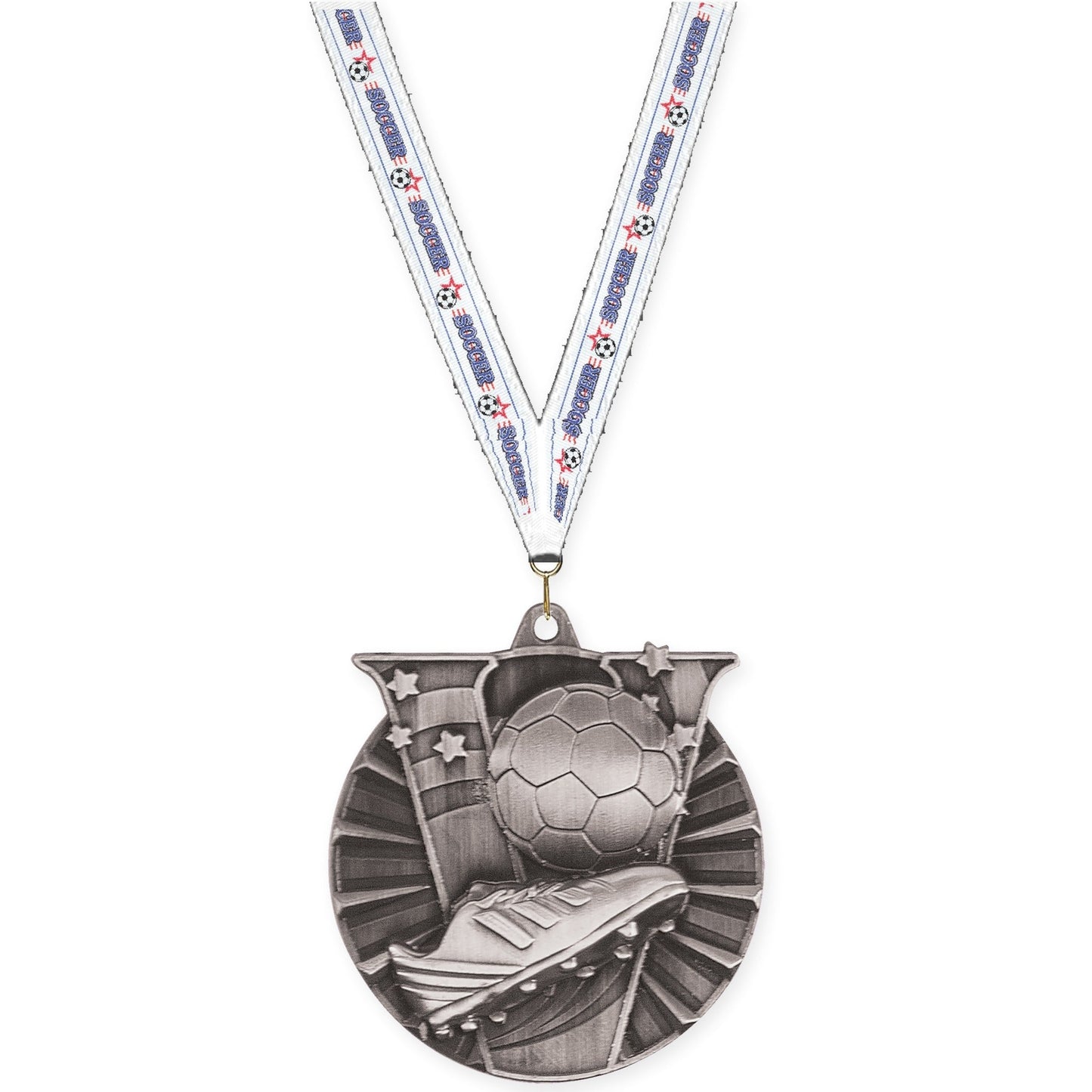 2 inch soccer Victory medal in antique silver with Soccer neck ribbon