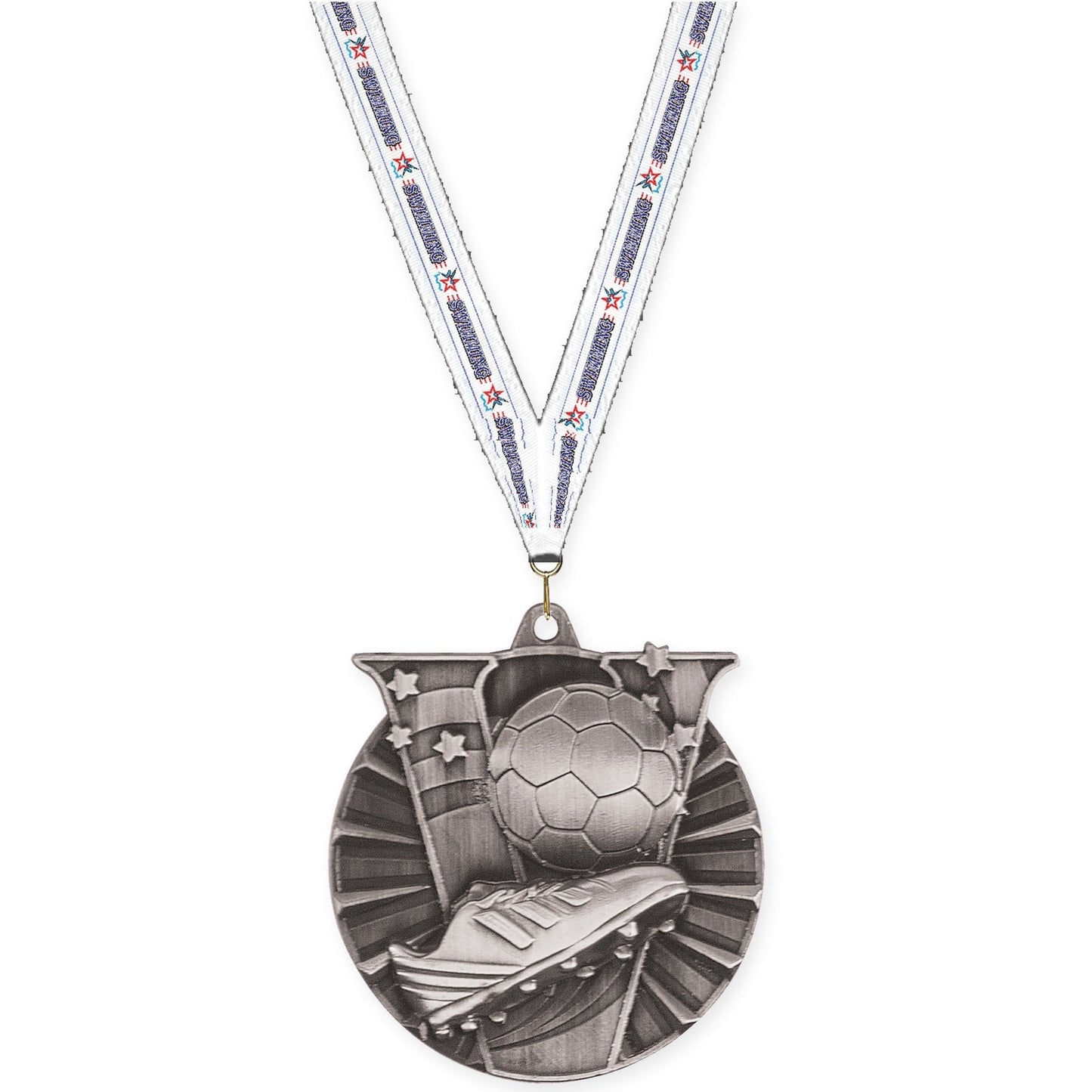 2 inch soccer Victory medal in antique silver with Swimming neck ribbon