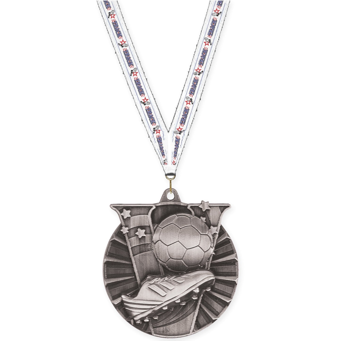 2 inch soccer Victory medal in antique silver with Track neck ribbon