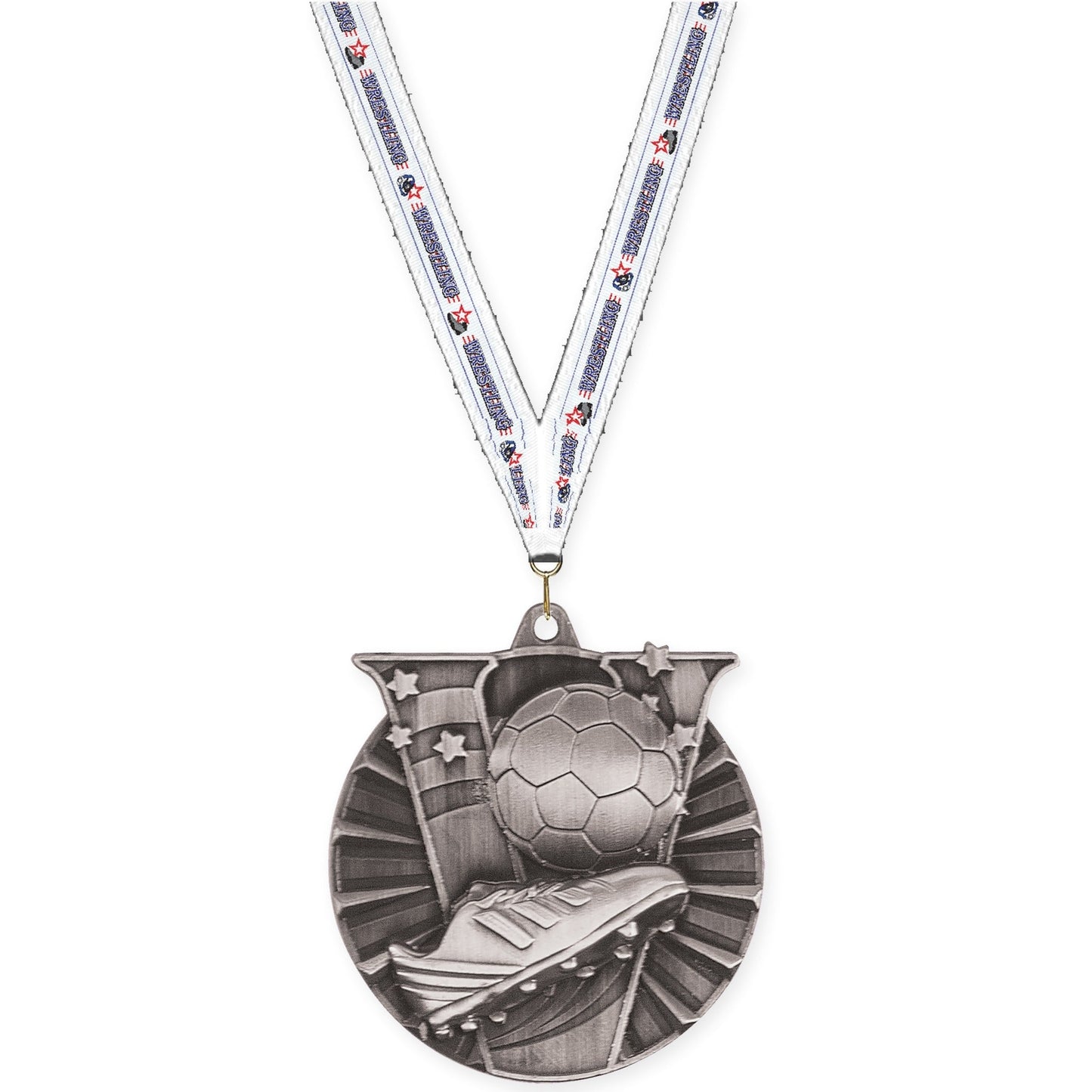 2 inch soccer Victory medal in antique silver with Wrestling neck ribbon