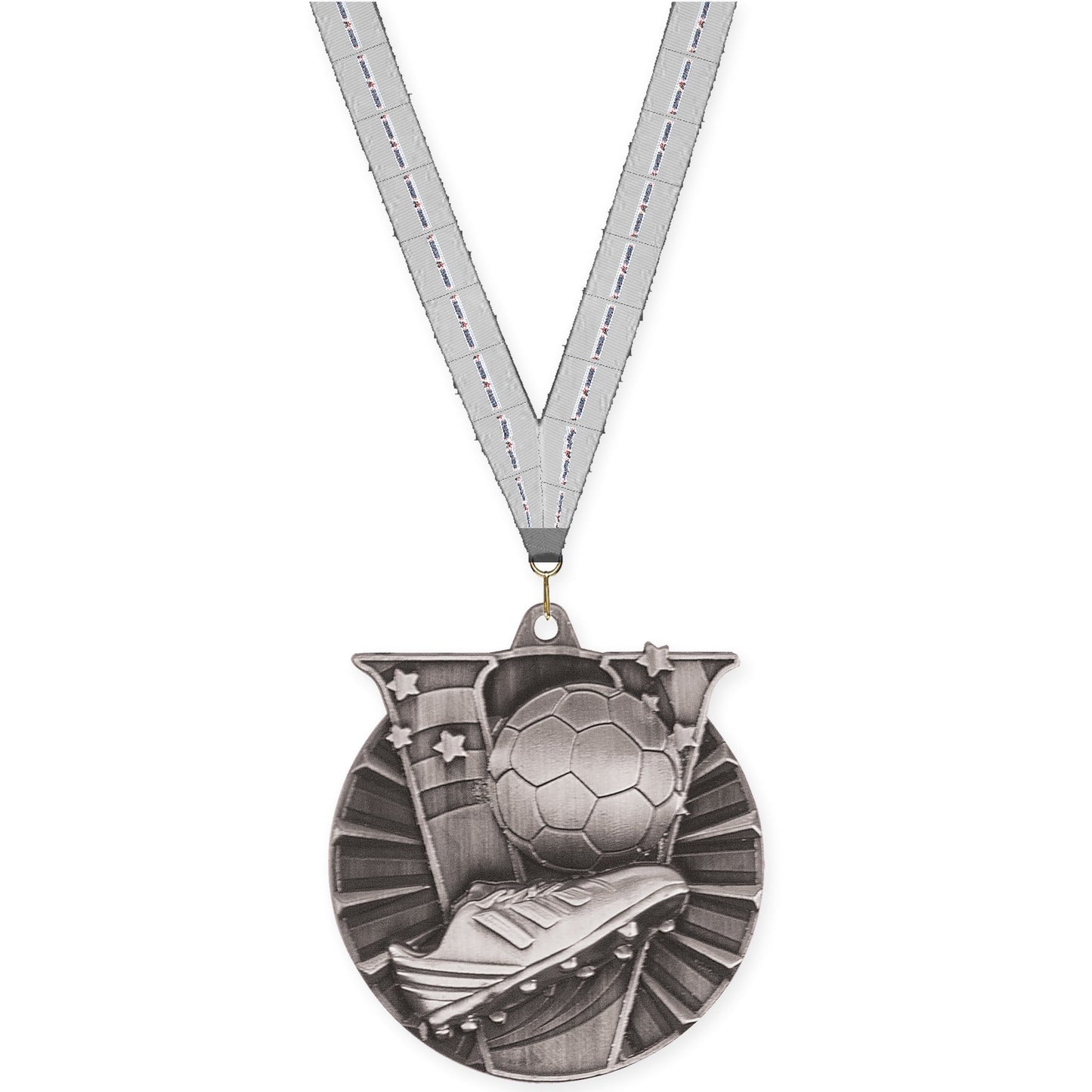 2 inch soccer Victory medal in antique silver with Auto Racing neck ribbon