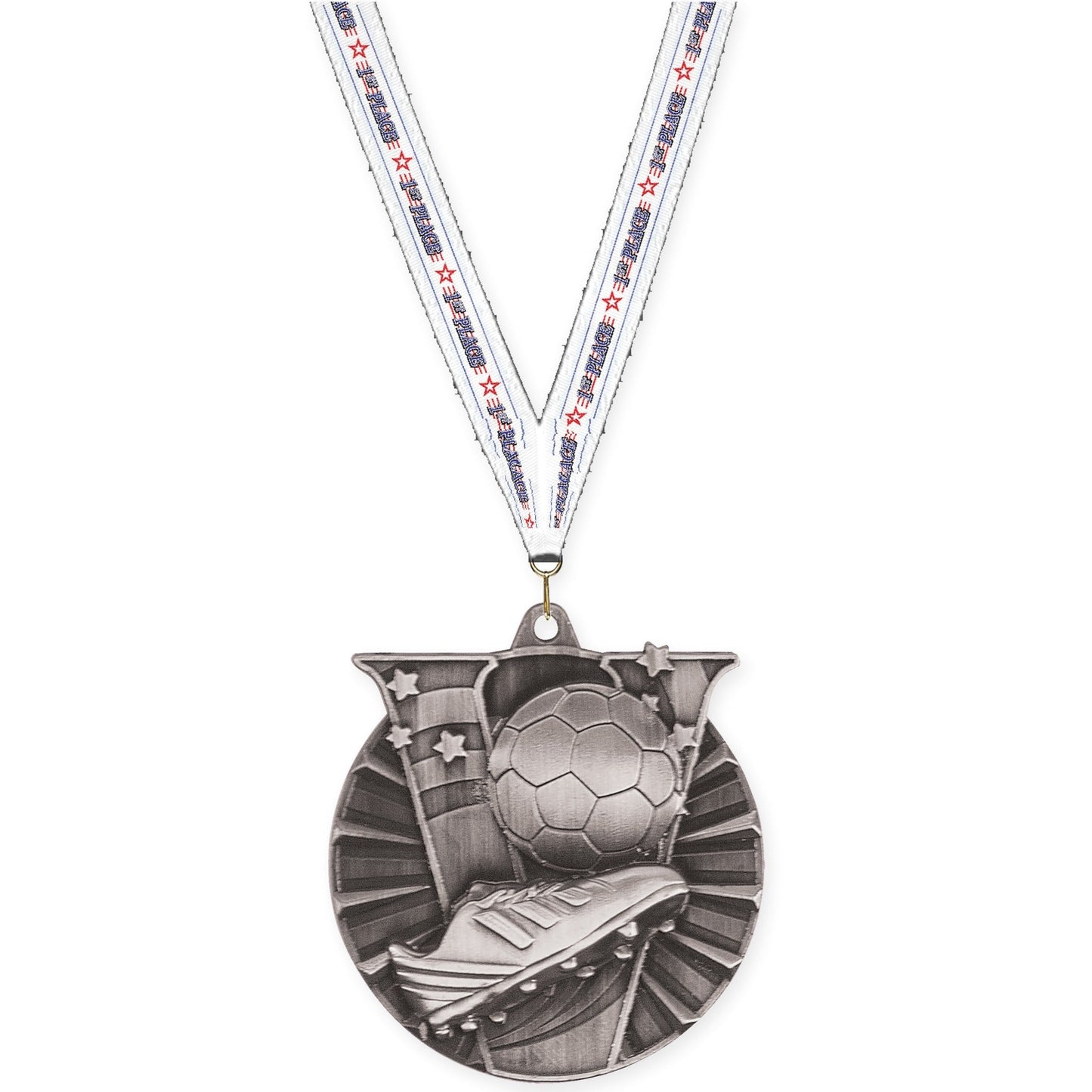 2 inch soccer Victory medal in antique silver with 1st Place neck ribbon