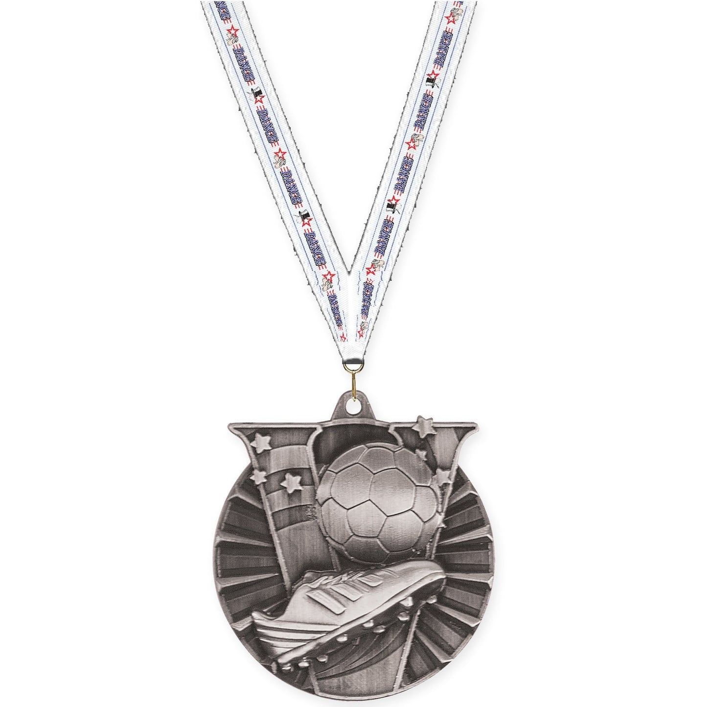 2 inch soccer Victory medal in antique silver with Dance neck ribbon