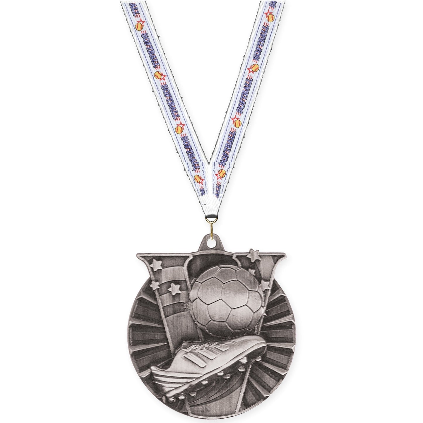 2 inch soccer Victory medal in antique silver with Softball neck ribbon
