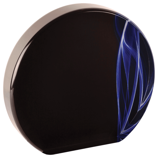 Blue Round Vapor Acrylic award, 5", self-standing acrylic with clear engraving area