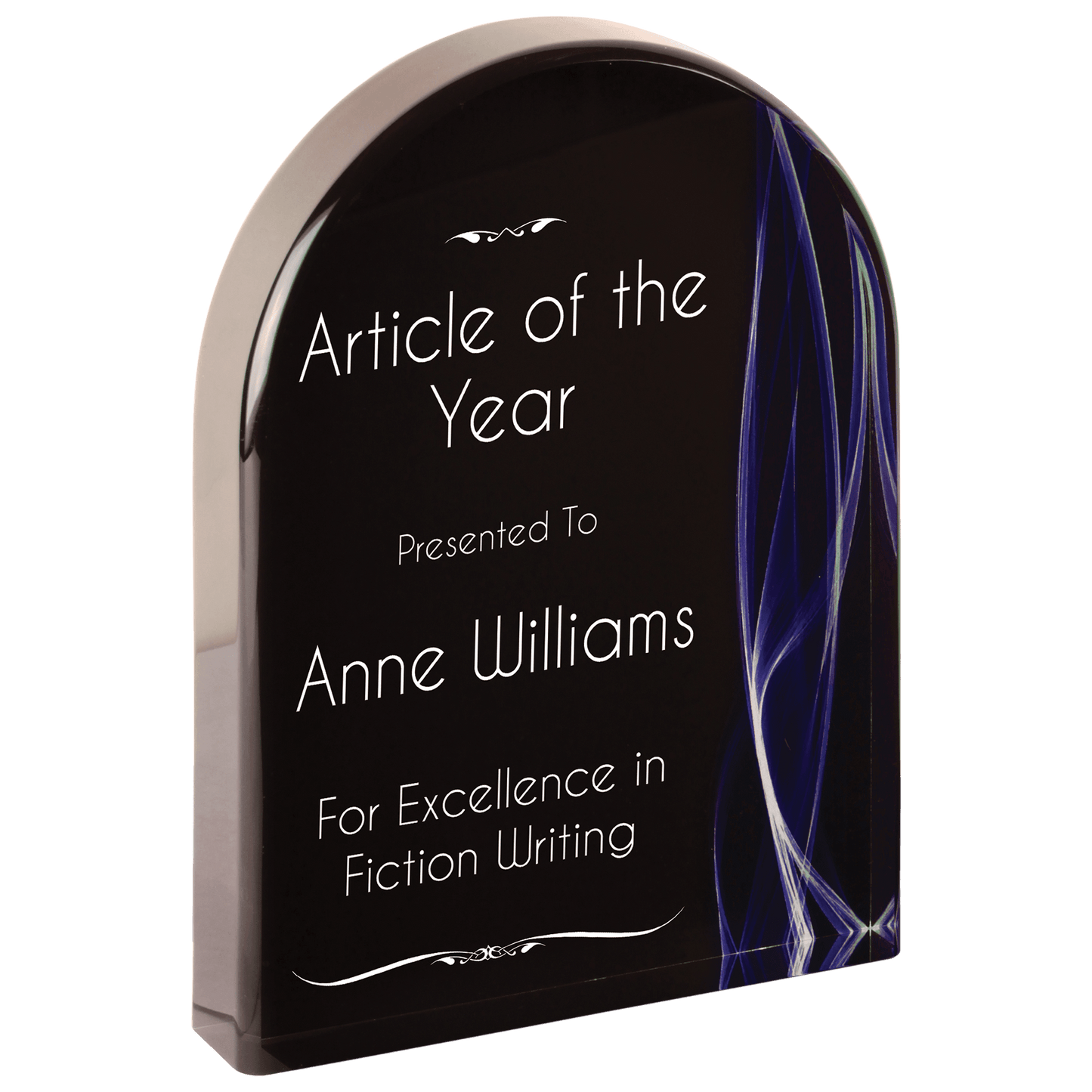 Blue Arch Vapor Acrylic award, 7", self-standing acrylic with clear engraving area
