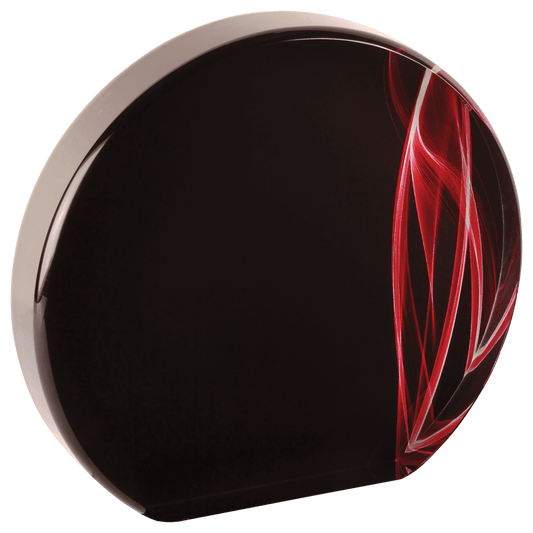 Red Round Vapor Acrylic award, 5", self-standing acrylic with clear engraving area