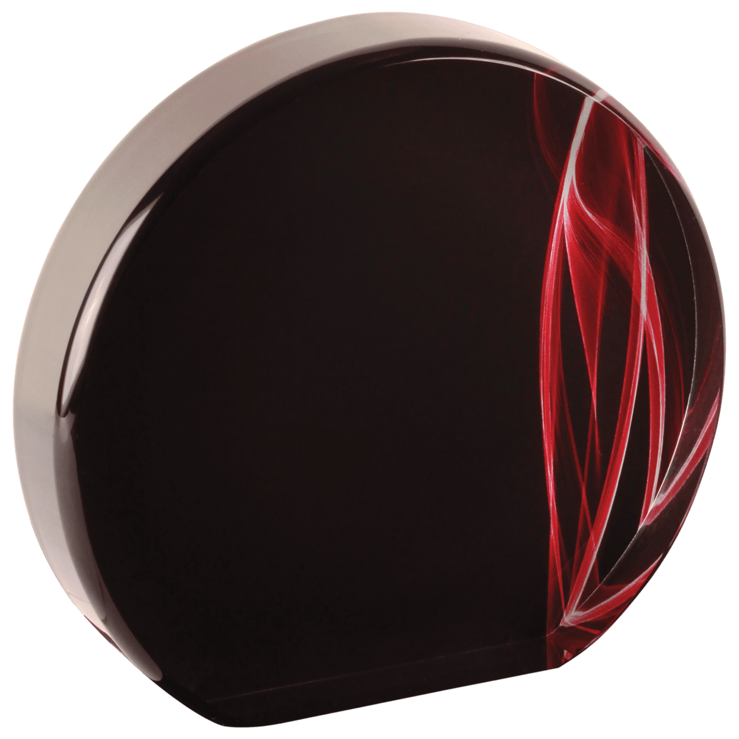 Red Round Vapor Acrylic award, 6", self-standing acrylic with clear engraving area