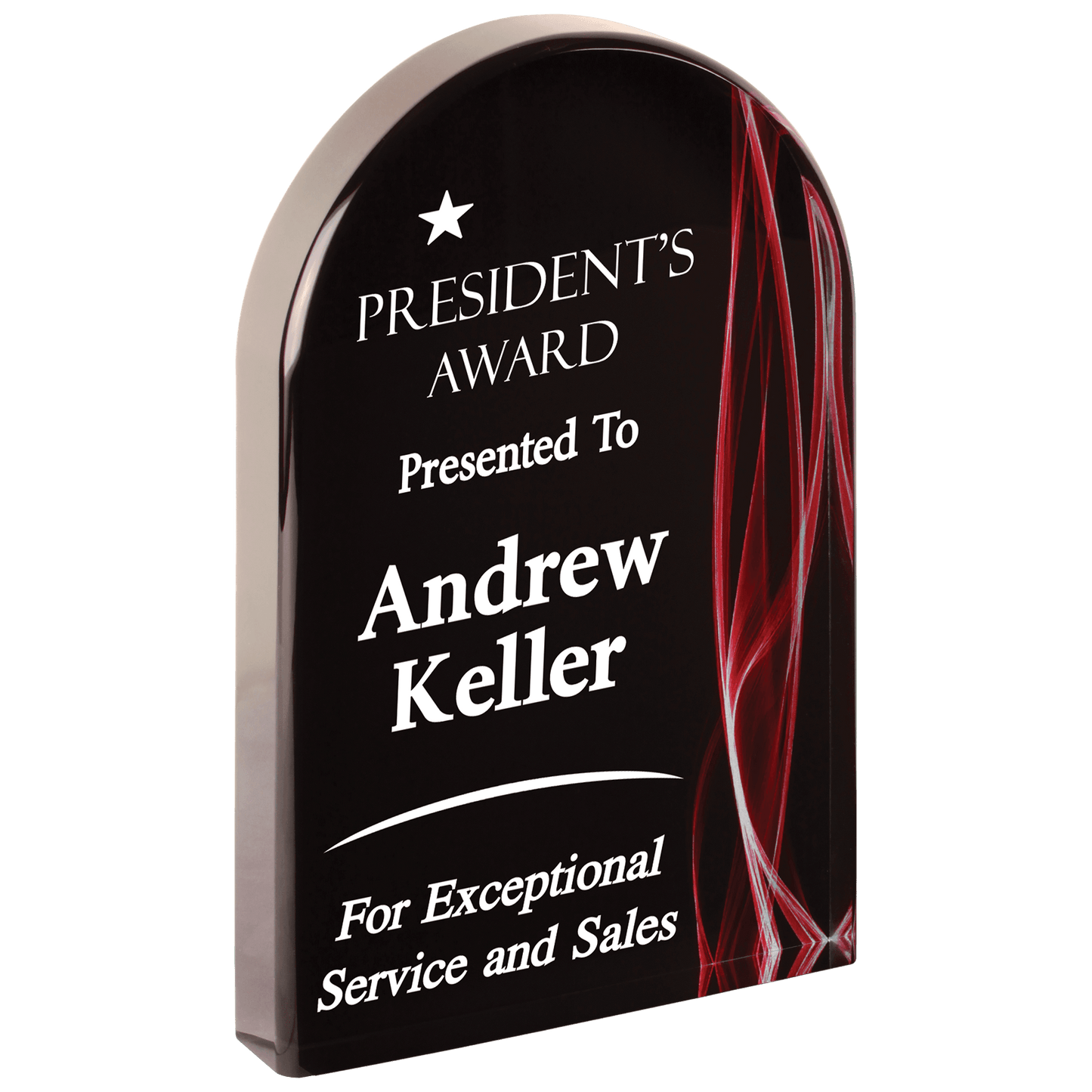 Red Arch Vapor Acrylic award, 8", self-standing acrylic with clear engraving area