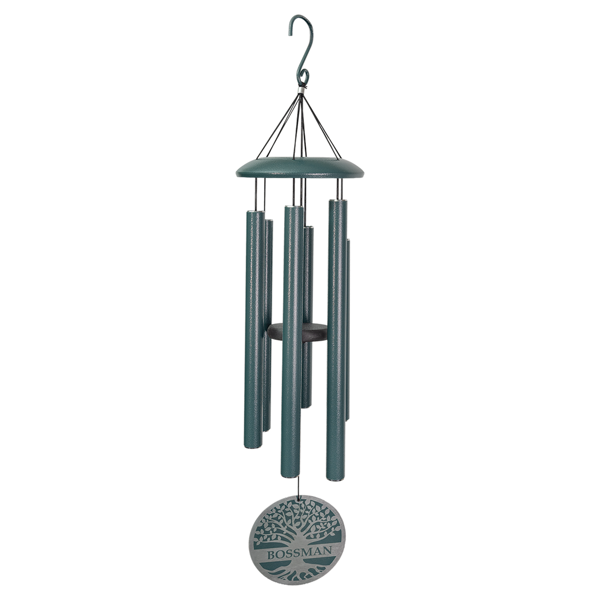 Personalized 36 inch dark peacock green aluminum wind chime with engraved sail