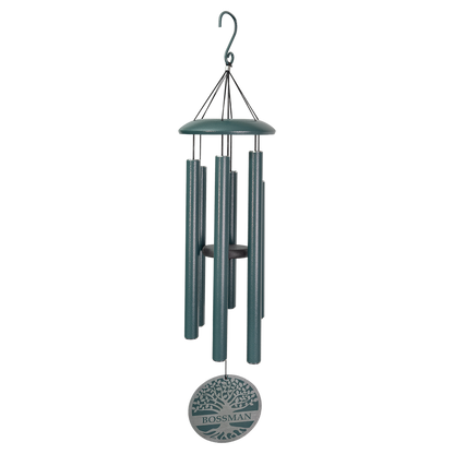 Personalized 36 inch dark peacock green aluminum wind chime with engraved sail
