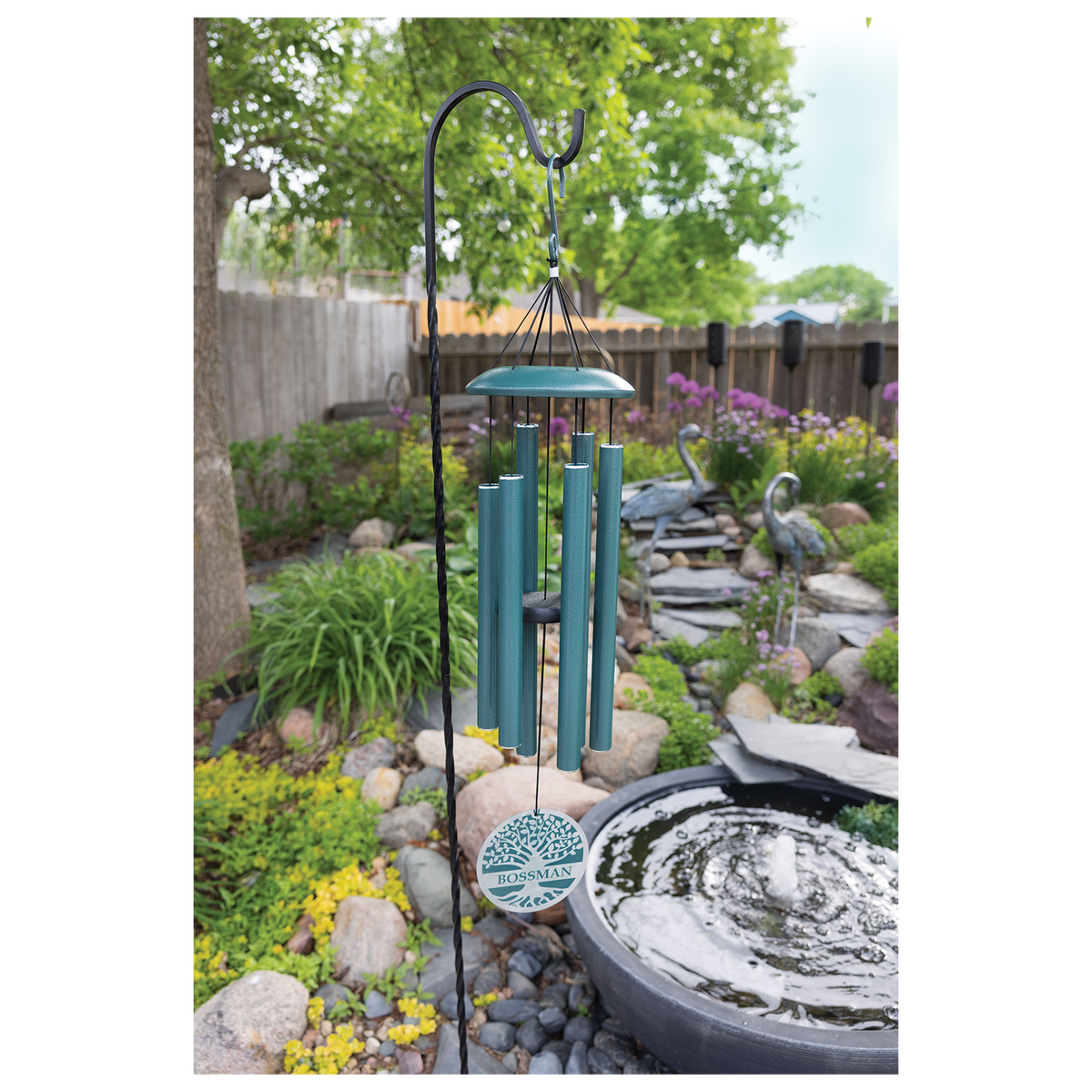Engraved 36 inch dark peacock green wind chime outdoors