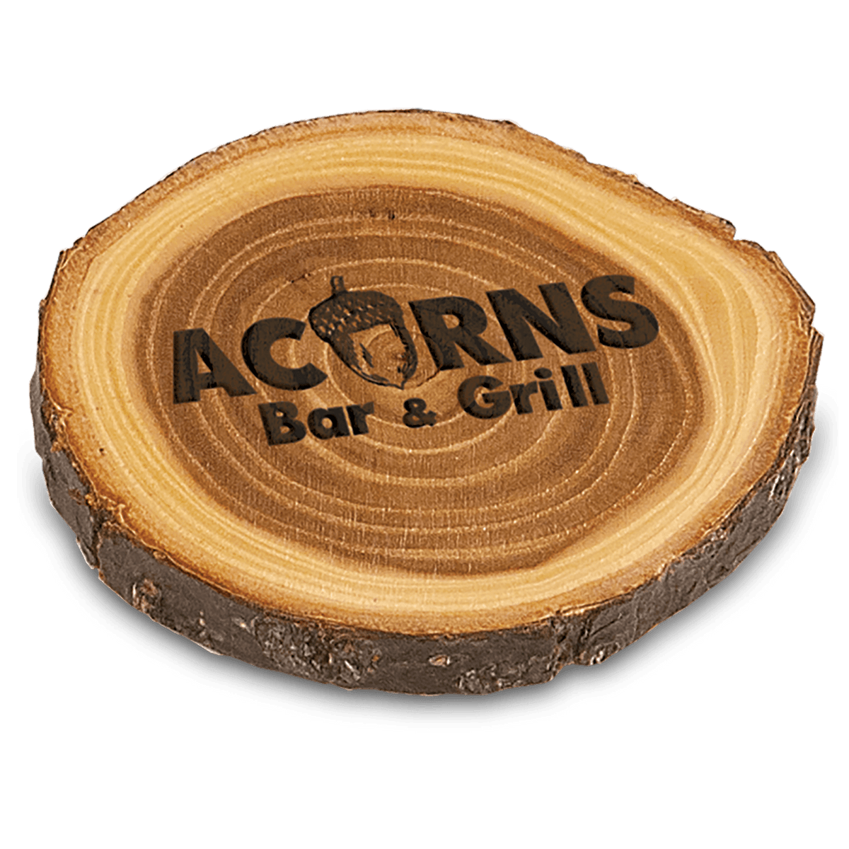 Personalized 4 inch rustic elm wood slice coaster with bark edge
