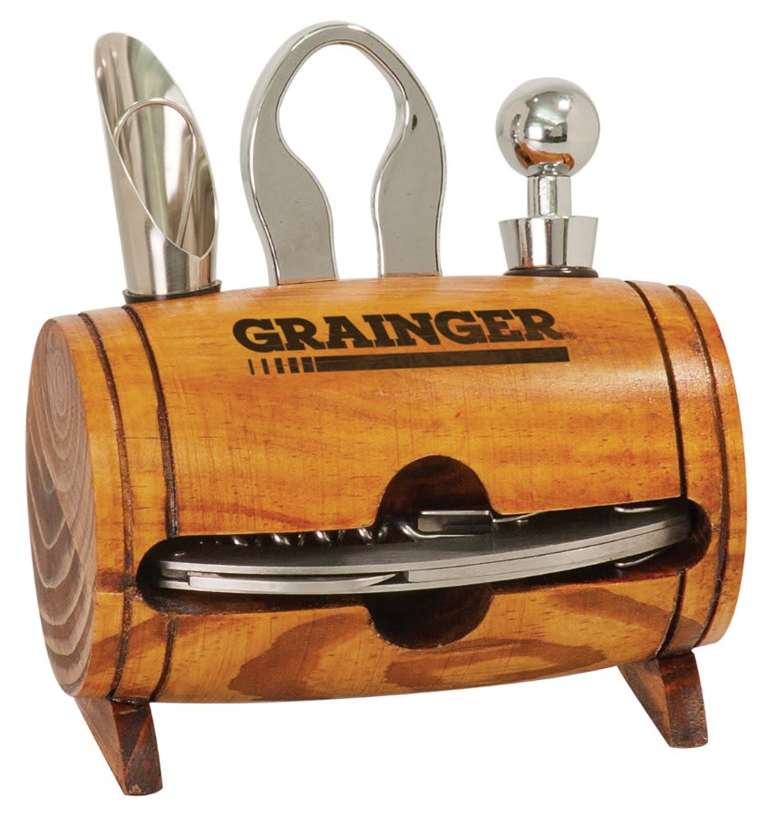 Wooden barrel-shaped bottle opener set with 'Grainger' branding on a white background