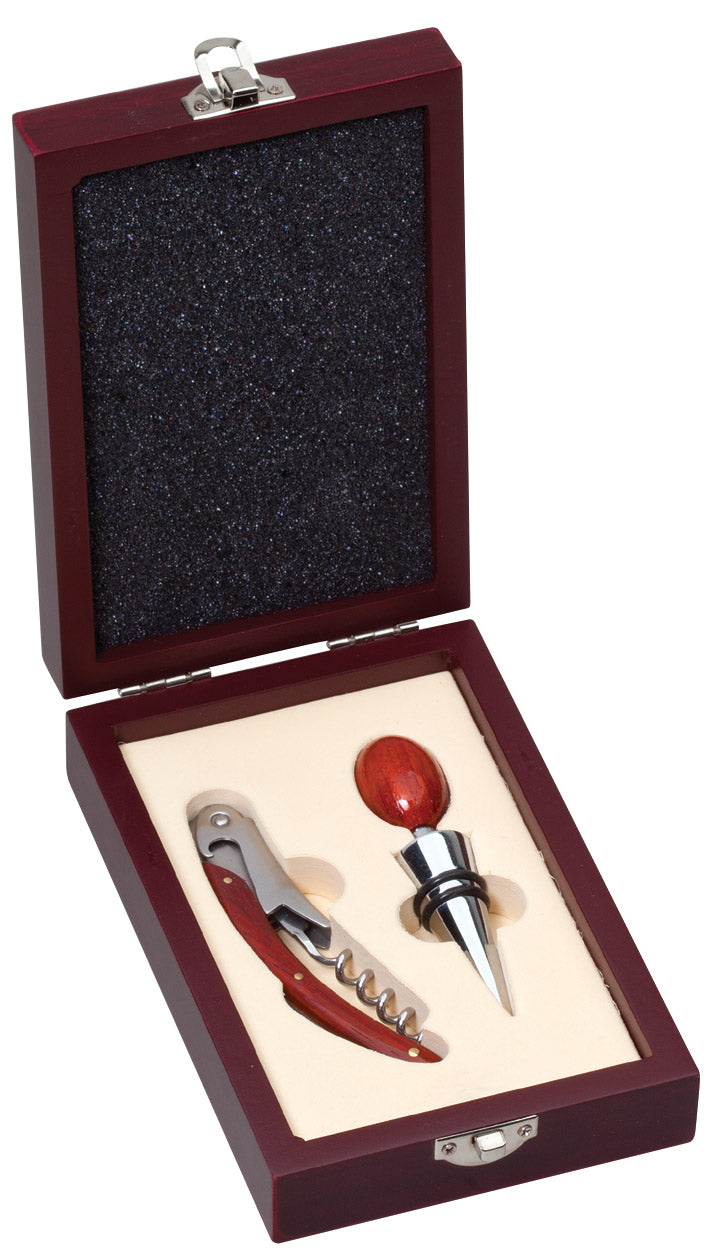 Personalized rosewood 2-piece wine set open with corkscrew and bottle stopper