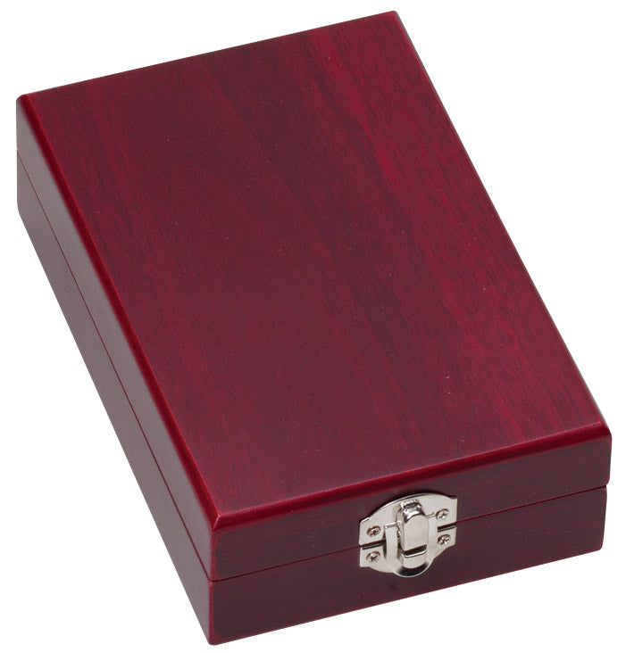 Rosewood finish 2-piece wine set case closed, ready for engraving on the lid