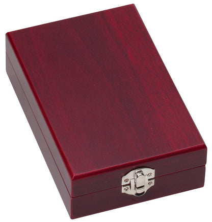 Rosewood finish 2-piece wine set case closed, ready for engraving on the lid