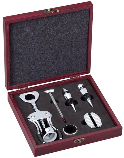 Personalized rosewood 6-piece deluxe wine accessory set open with corkscrew, stoppers, drip ring, foil cutter and thermometer