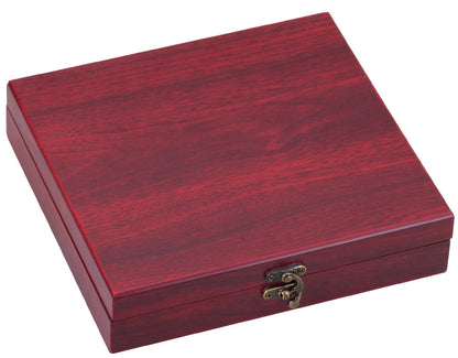 Rosewood finish 6-piece wine accessory gift box closed, ready for engraving on the lid
