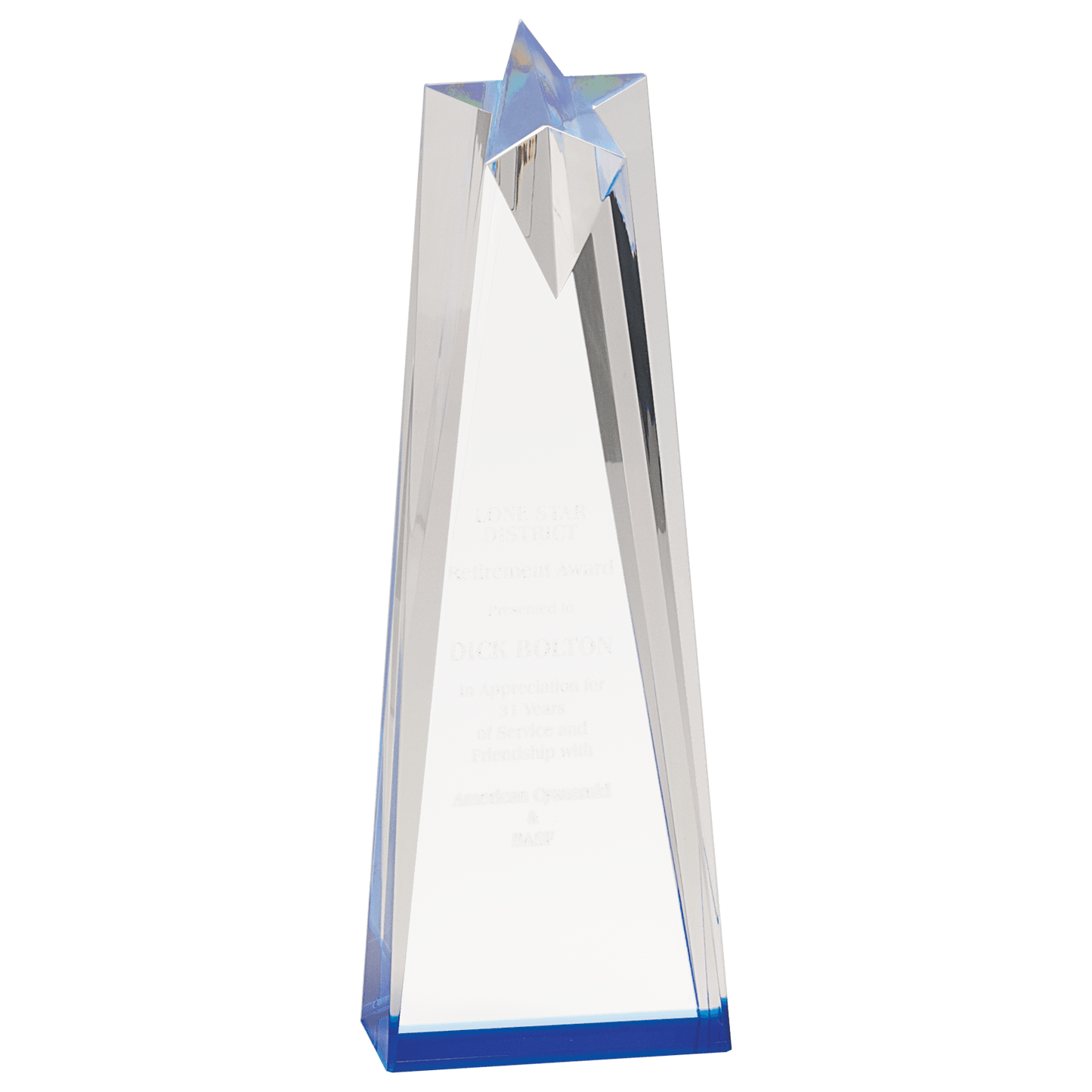 Blue Sculpted Star Acrylic award, 3 1/2" x 10", self-standing acrylic with clear engraving area