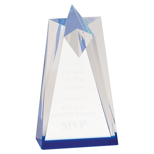 Blue Sculpted Star Acrylic award, 3 1/2" x 6", self-standing acrylic with clear engraving area