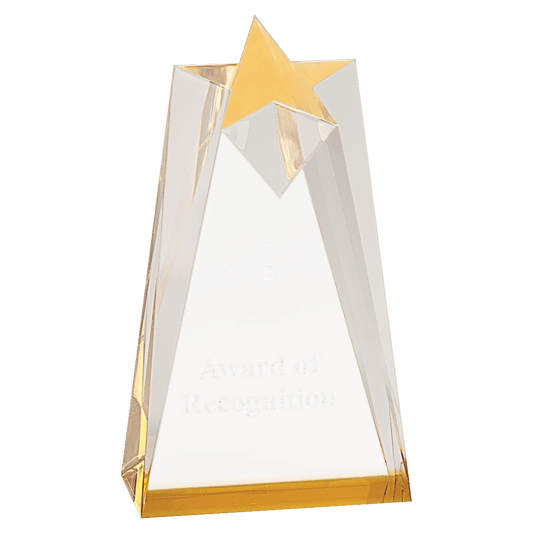 Gold Sculpted Star Acrylic award, 3 1/2" x 6", self-standing acrylic with clear engraving area