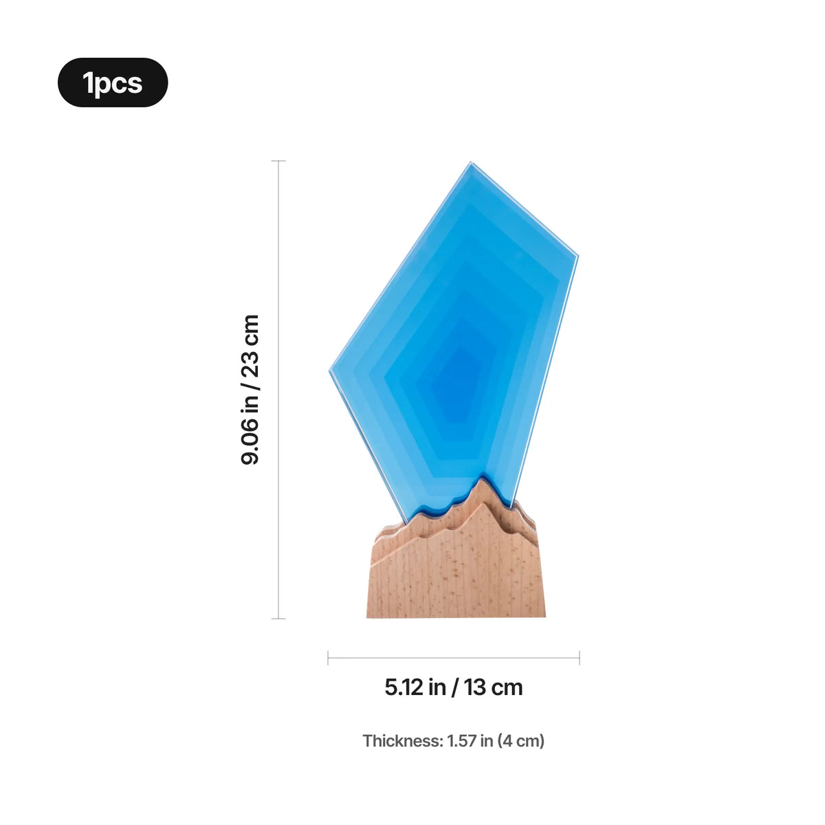 Personalized blue geometric crystal award with beechwood base, angled view