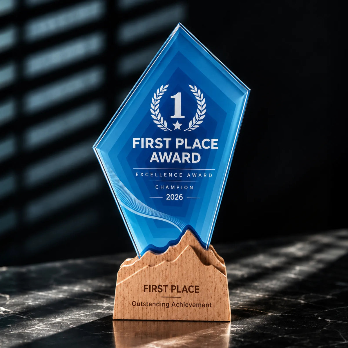 Blue geometric crystal first place award with laurel design, set in a beechwood mountain base engraved with the achievement