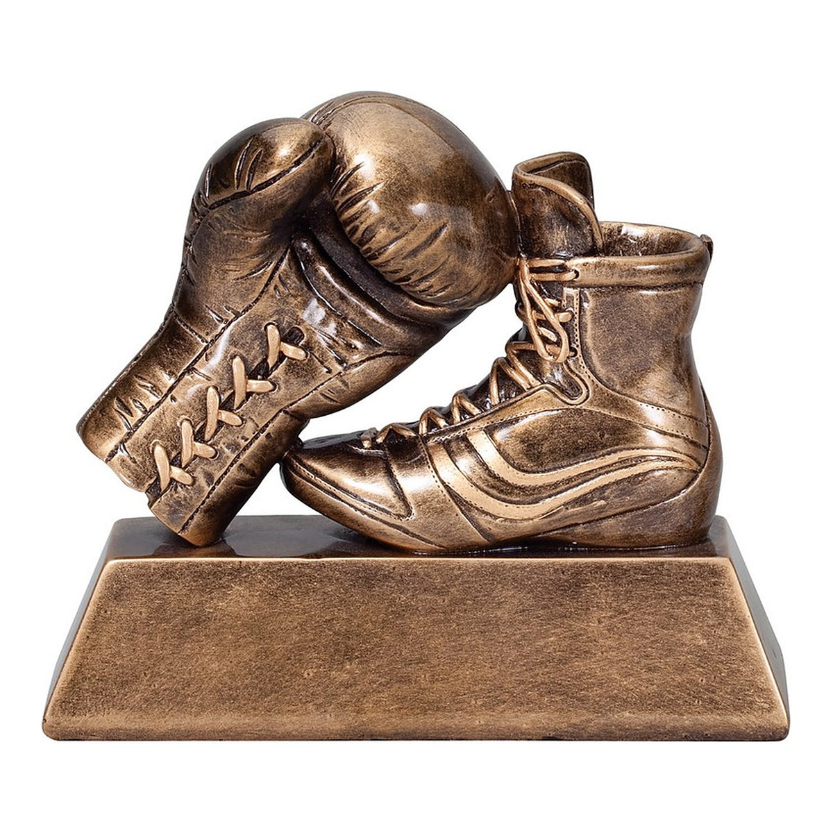 Boxing glove and boxing boot resin award in antique bronze finish with engraving area