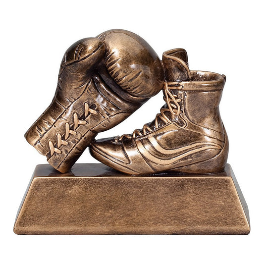 Boxing glove and boxing boot resin award in antique bronze finish with engraving area