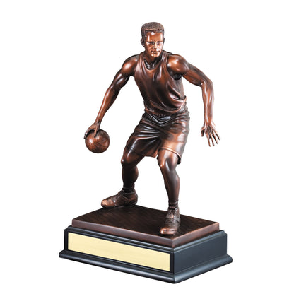 Bronze electroplated basketball player sculpture - shown with engraving plate