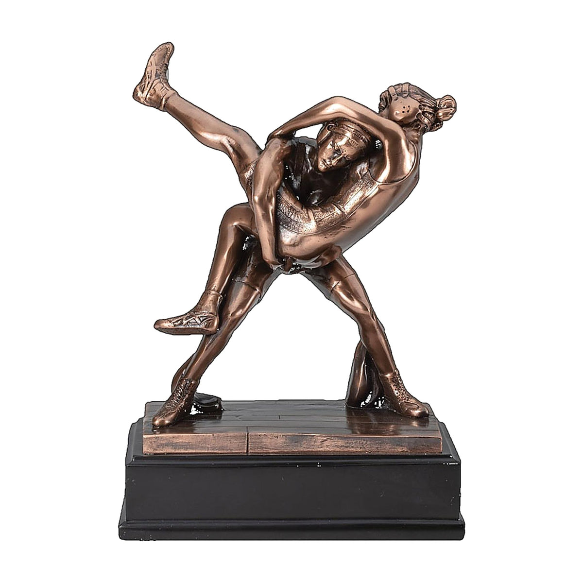 Electroplated bronze sculpture of two female wrestlers in a lift on a black base