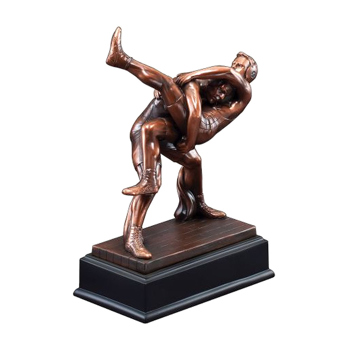 Electroplated bronze sculpture of two male wrestlers in a lift on a black base