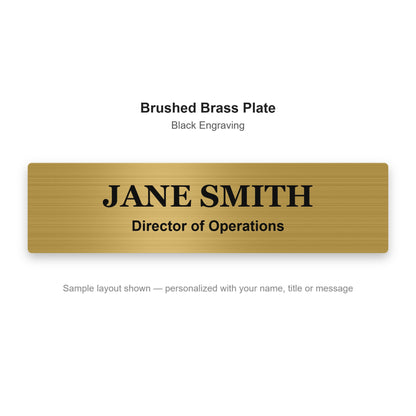Custom engraved name plate sample - Brushed Brass plate with black engraved name and title