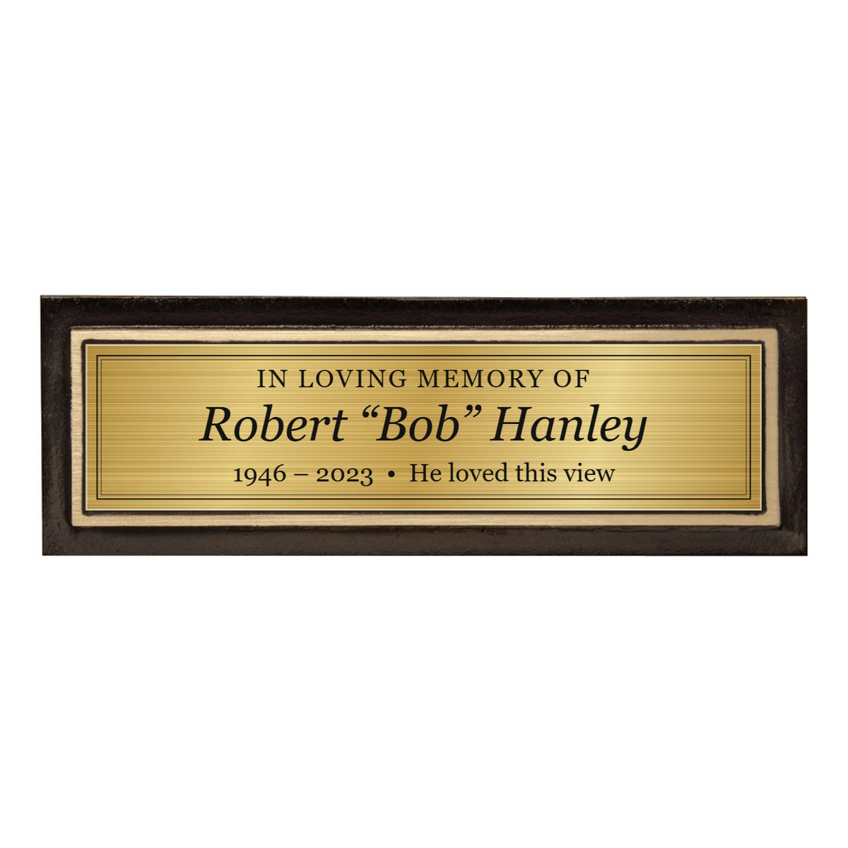 Bronze and gold cast aluminum memorial bench plaque with a custom engraved brushed gold plate