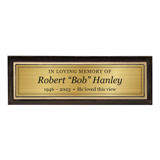 Bronze and gold cast aluminum memorial bench plaque with a custom engraved brushed gold plate