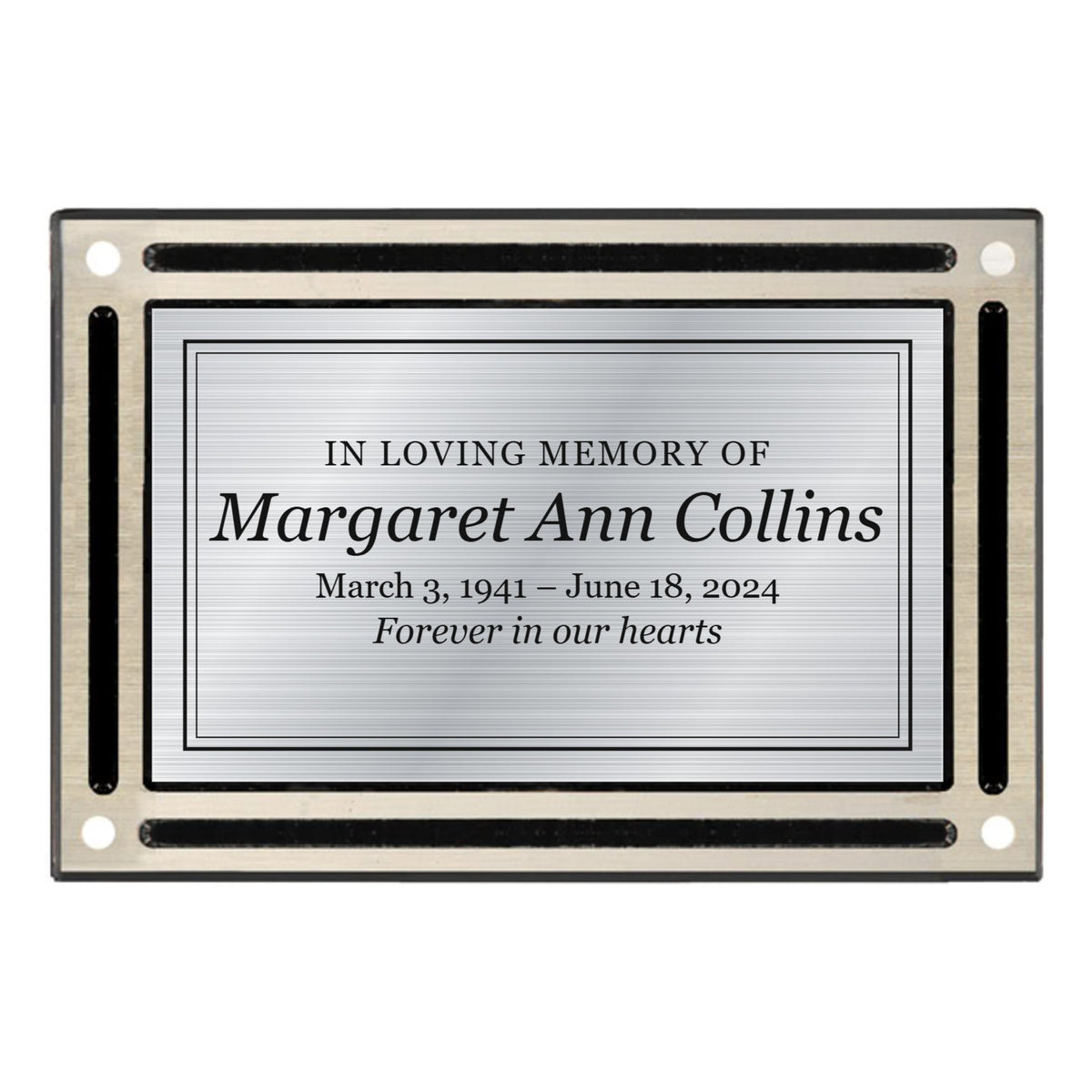 4 x 6 black and silver cast aluminum wall plaque with engraved silver memorial plate